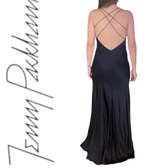 Jenny Packham Mermaid shape black satin dress striped w/ black sequins Sz 6 USA - Picture 2 of 8